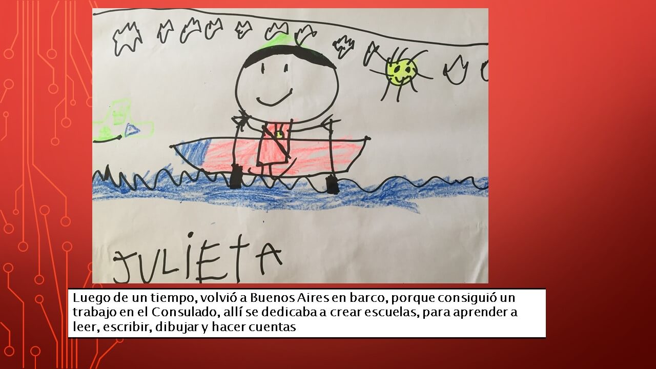 Dibujo infantil de una figura sentada en un bote rojo sobre olas azules, con un sol y pequeñas figuras o aves arriba; abajo aparece una palabra escrita a mano y un recuadro con texto.