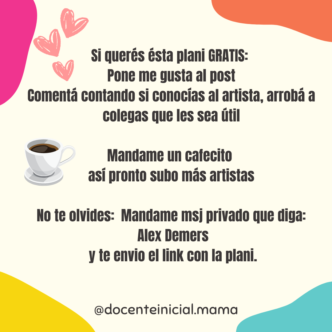 Una placa gráfica con fondo claro y adornos de colores muestra texto promocional sobre Alex Demers, junto a pequeños corazones y una taza ilustrada.