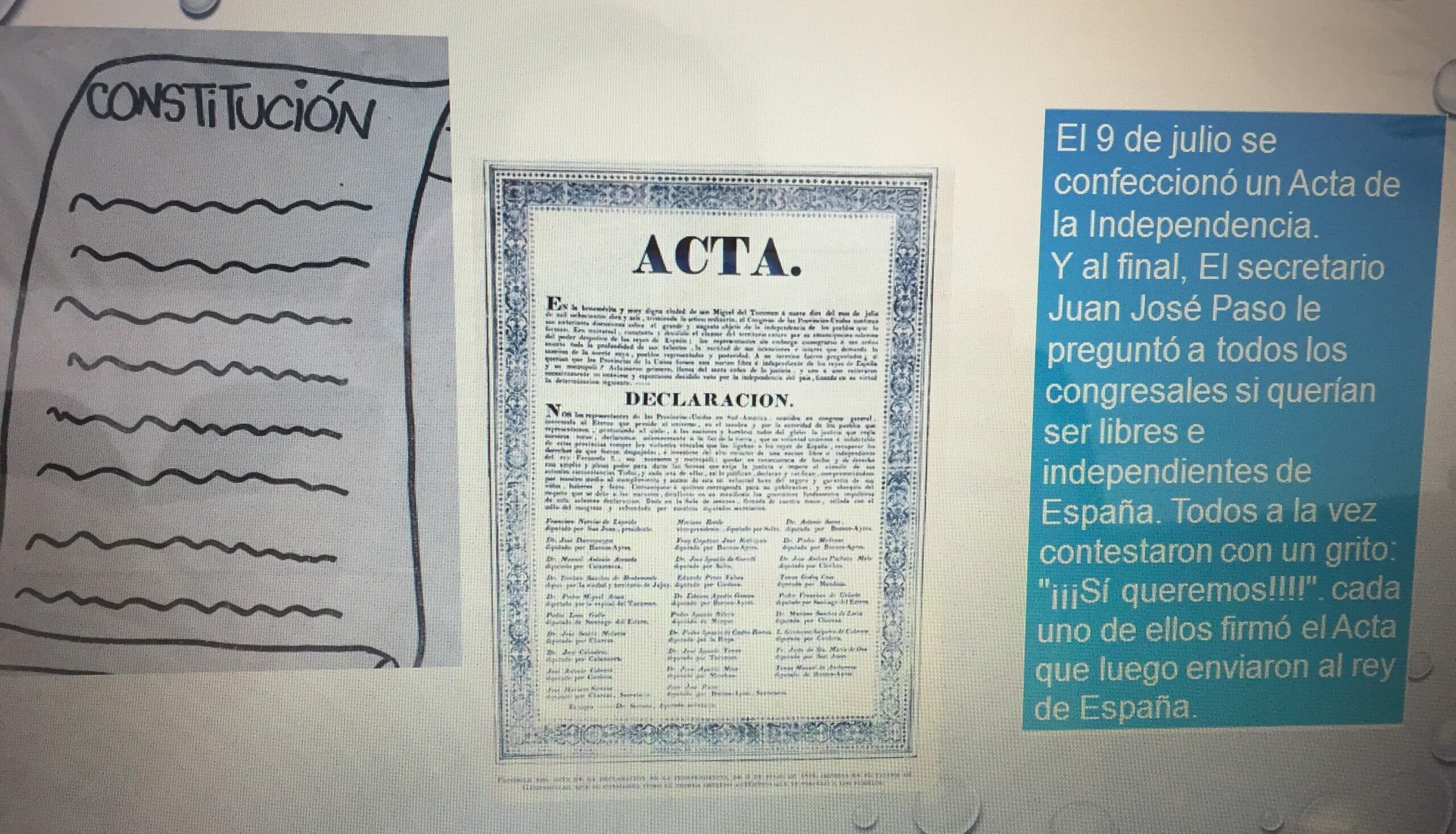 Producción del aula que reúne un dibujo de un documento, una reproducción del Acta de la Independencia y un fragmento del relato.