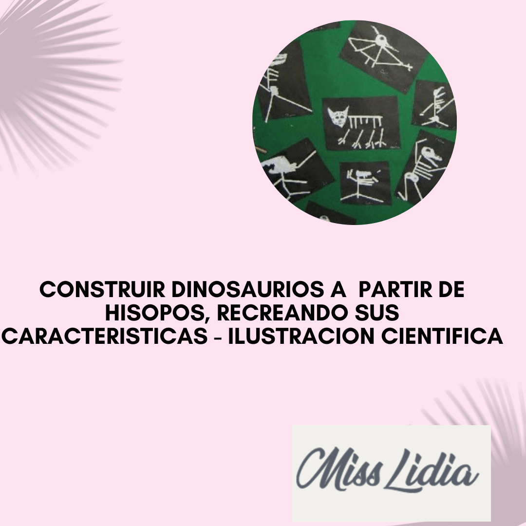 Dinosaurio hecho con hisopos sobre fondo verde Sobre un fondo verde se ven varias tarjetas negras con esqueletos o figuras armadas con hisopos blancos. Las composiciones muestran distintas formas de dinosaurio.