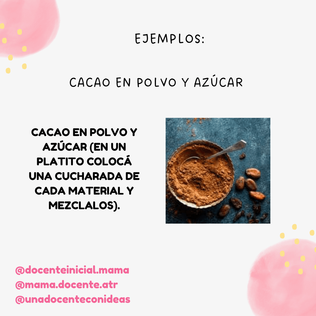 Plato con cacao en polvo y una cucharita, acompañado por granos de cacao y texto que propone mezclar cacao en polvo con azúcar.