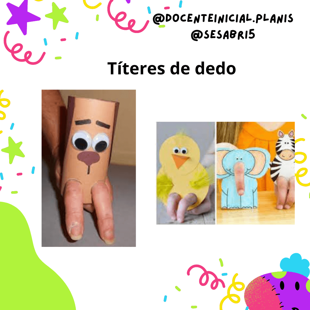 Títeres de dedo con personajes de cartón y papel Placa sobre títeres de dedo con fotografías de personajes de cartón y papel que tienen aberturas para colocar los dedos, incluidos un pollito y un elefante.