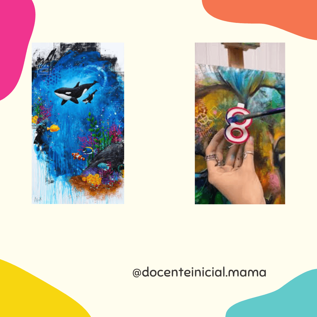 A la izquierda se ve una pintura azul con una orca y peces; a la derecha, una mano pinta con un rodillo pequeño sobre otra obra colorida.