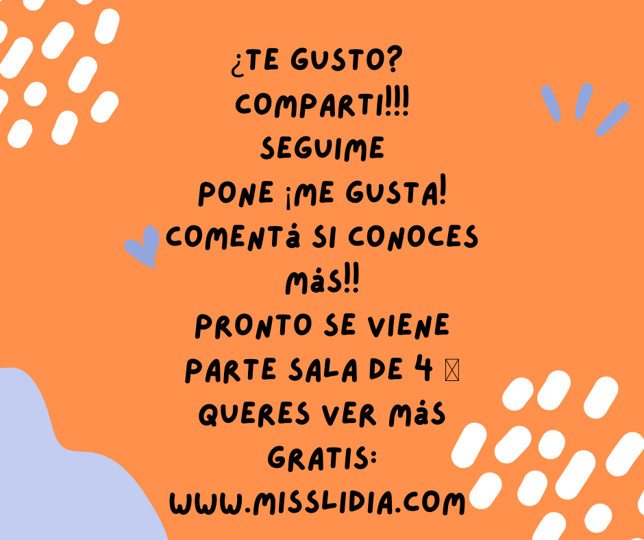 Compartir propuestas de juegos para sala de 4 Imagen con fondo naranja y texto grande que invita a compartir, seguir y comentar, junto con una referencia a ver más contenido en un sitio web.