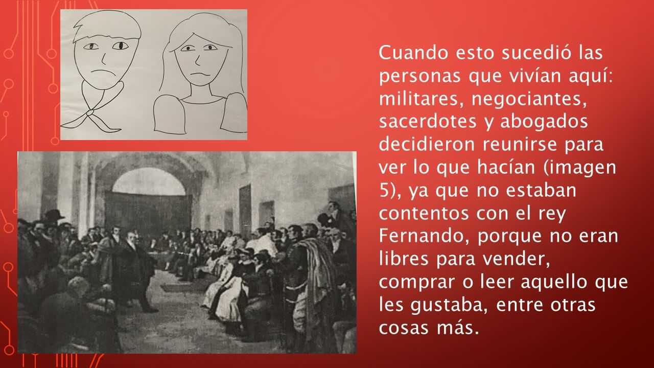 Arriba hay dos retratos dibujados; abajo, una escena en blanco y negro de personas sentadas y de pie en un interior amplio, junto a texto explicativo.
