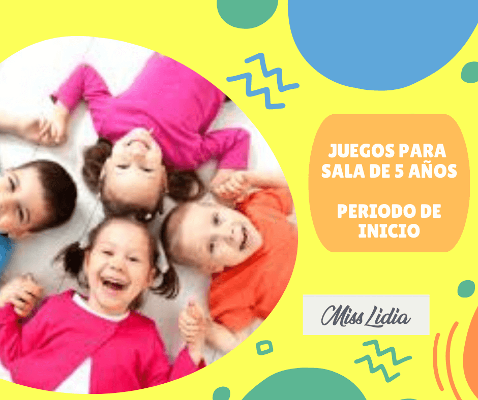 Juegos para sala de 5: período de inicio Portada de juegos para sala de 5 años durante el período de inicio, con cinco niños acostados en círculo.