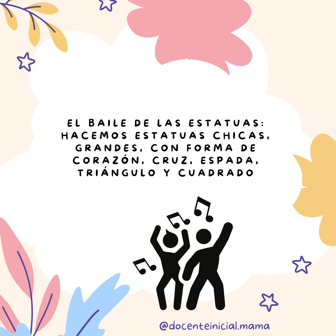 El baile de las estatuas en el período de inicio Propuesta del baile de las estatuas con distintas formas y tamaños, acompañada por siluetas de bailarines.