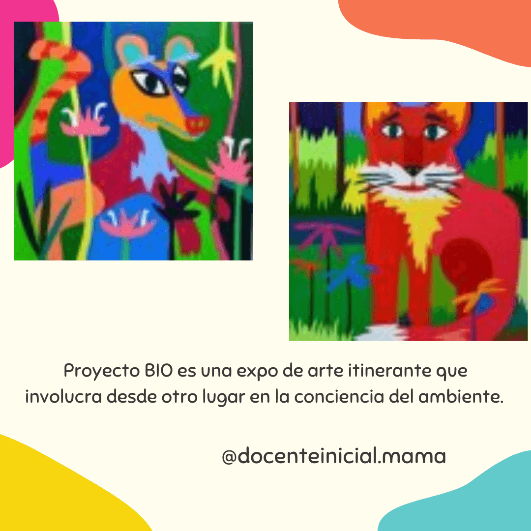 Placa con dos obras de aves y un felino, acompañadas por texto sobre la exposición itinerante Proyecto BIO.