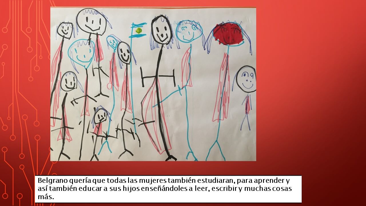 Dibujo infantil con muchas figuras humanas de distintos colores y tamaños, algunas muy altas y otras pequeñas; debajo hay un recuadro con texto sobre mujeres y estudio.