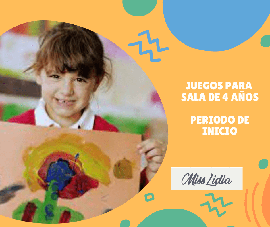 Juegos para sala de 4: período de inicio Portada de juegos para sala de 4 años durante el período de inicio, con una niña que muestra un dibujo de colores.