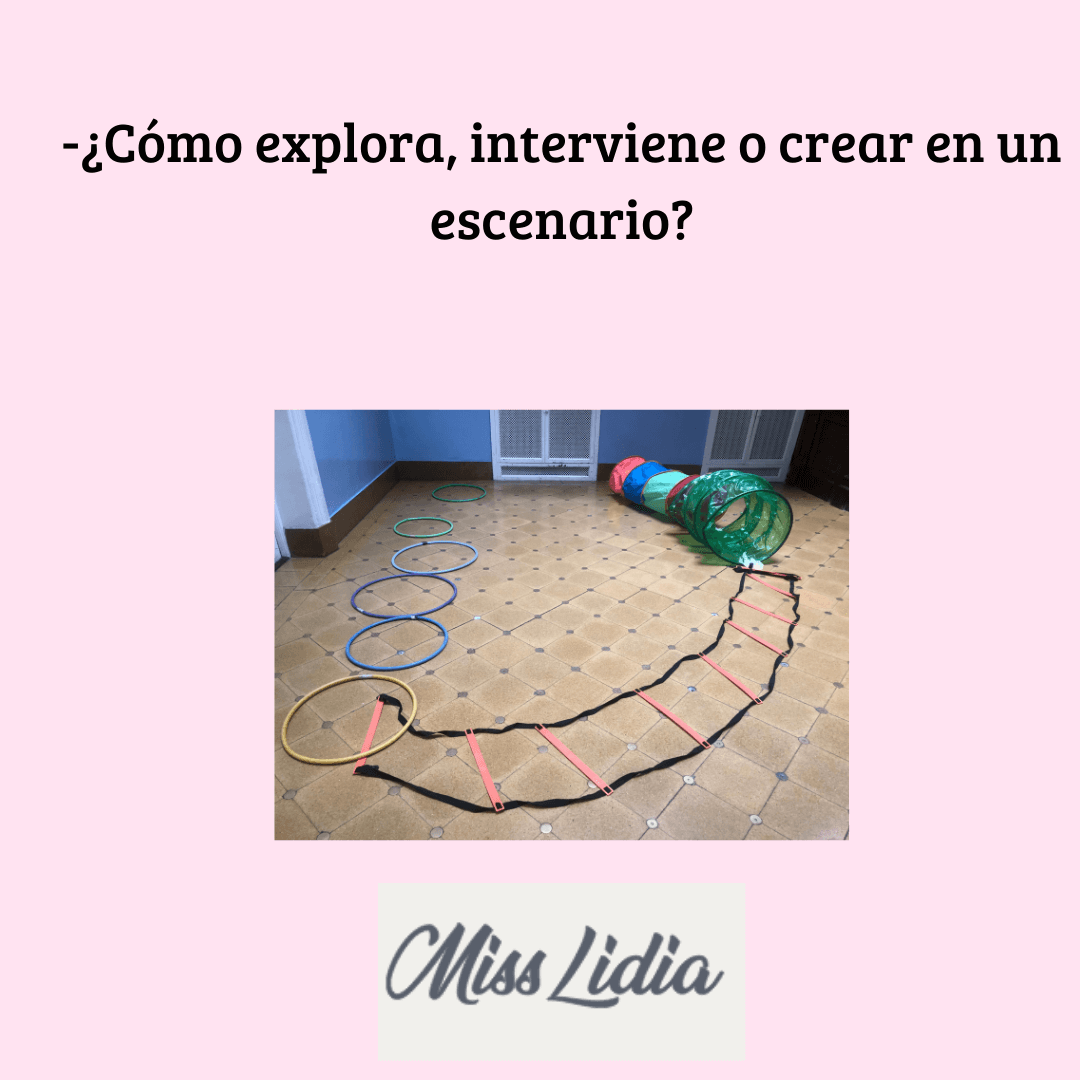 Circuito de aros y túnel en el piso en placa sobre explorar escenarios Fotografía de un circuito armado en el suelo con aros, una escalera de tela y un túnel. El texto pregunta cómo explora o crea en un escenario.