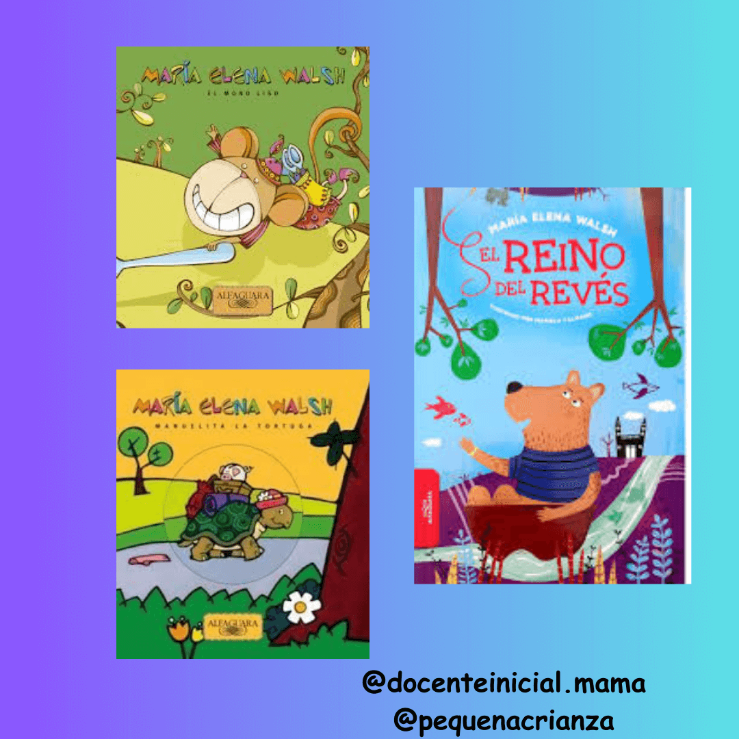Tres libros de María Elena Walsh para compartir lecturas Placa con tres portadas de libros de María Elena Walsh: El Mono Liso, El Reino del Revés y Murrungato del zapato, sobre fondo degradado violeta y celeste.