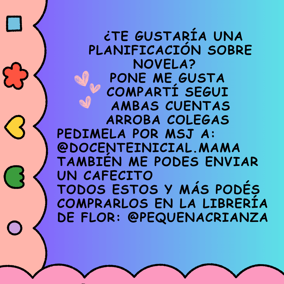 Lámina con llamado a pedir una planificación sobre novela Tarjeta con texto grande sobre fondo degradado y borde decorativo en rosa, que invita a pedir una planificación sobre novela por mensaje o en la librería de Flor.