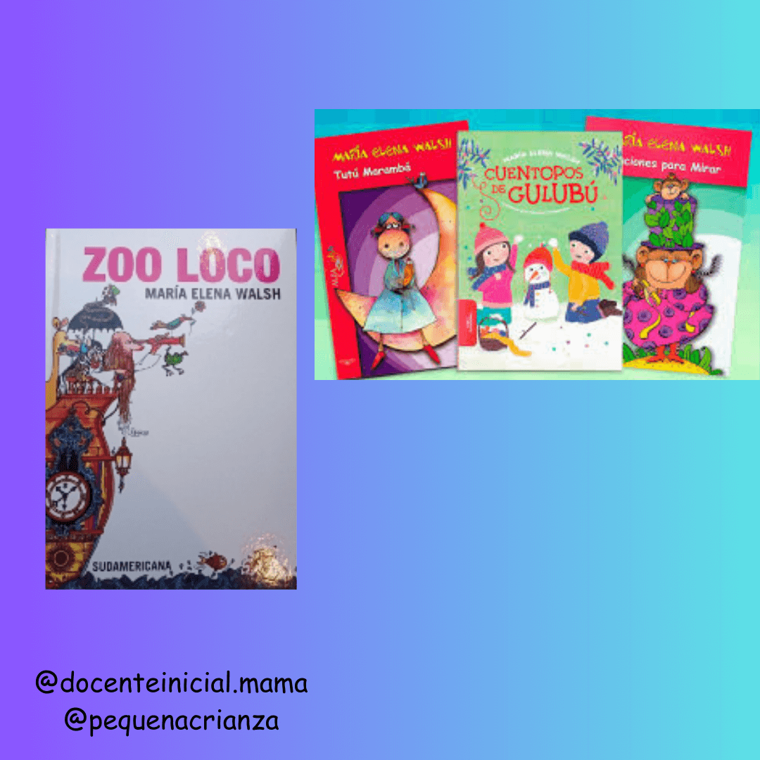 Tapa de ZOO LOCO junto a un collage de otras tapas de María Elena Walsh A la izquierda se ve la portada de Zoo loco y a la derecha un collage con tres portadas más de María Elena Walsh, sobre fondo degradado.