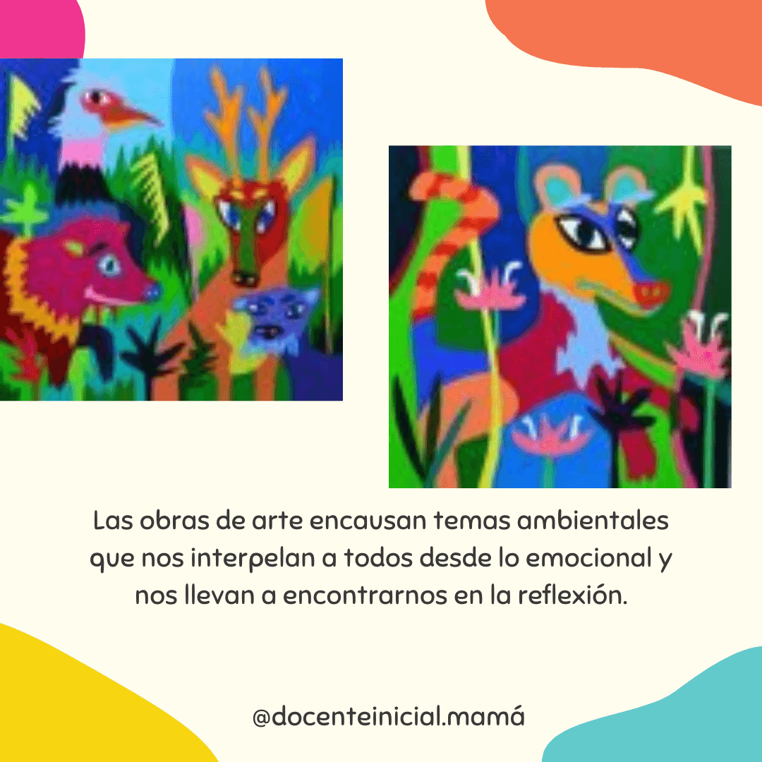 Placa con dos obras de animales y vegetación de colores vivos y un texto sobre los temas ambientales del arte.