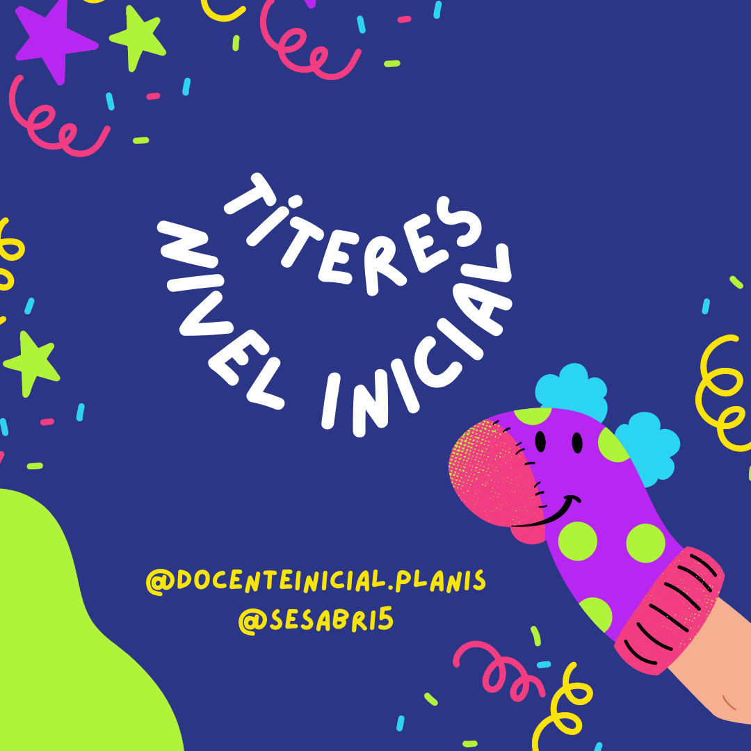 Placa de cierre con título Títeres Nivel Inicial Placa azul con la frase "Títeres Nivel Inicial" en letras blancas curvas y un dibujo de mano con un títere en el borde derecho.