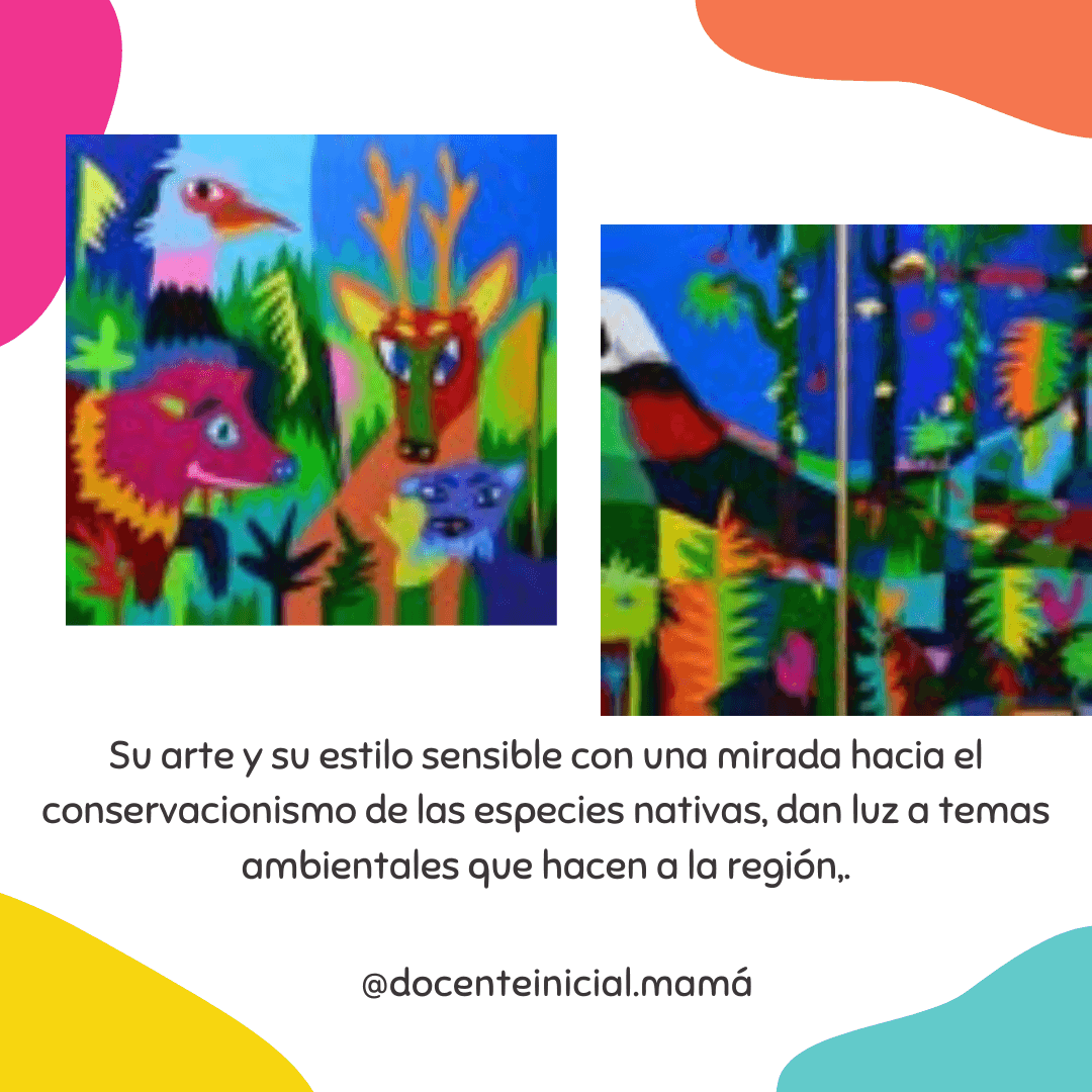 Placa con reproducciones de aves, felinos y vegetación, y texto sobre la conservación de especies nativas en la obra del artista.
