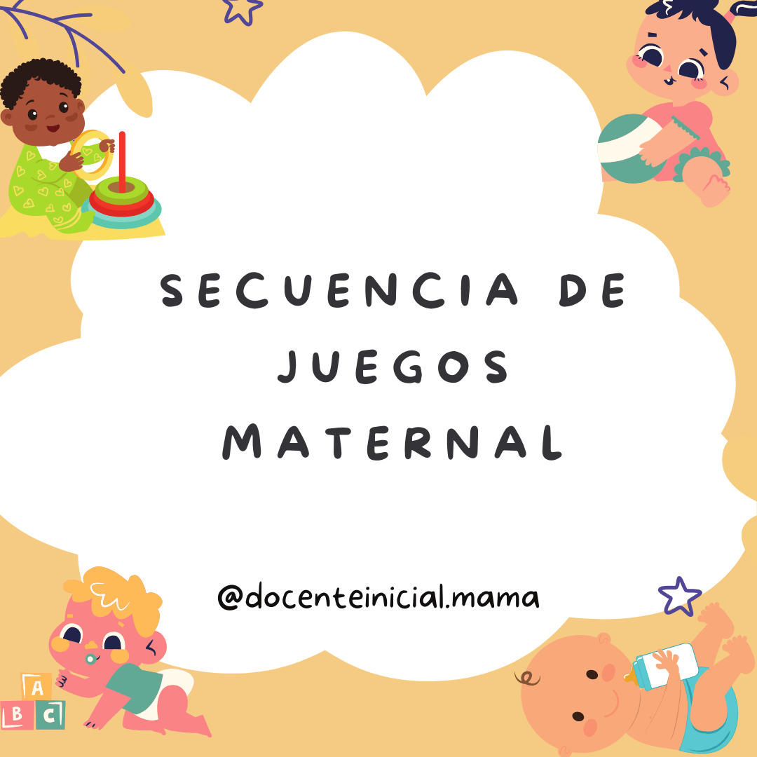 Placa ilustrada con el título "Secuencia de juegos maternal" en el centro y dibujos de bebés y juguetes en las esquinas sobre fondo amarillo.