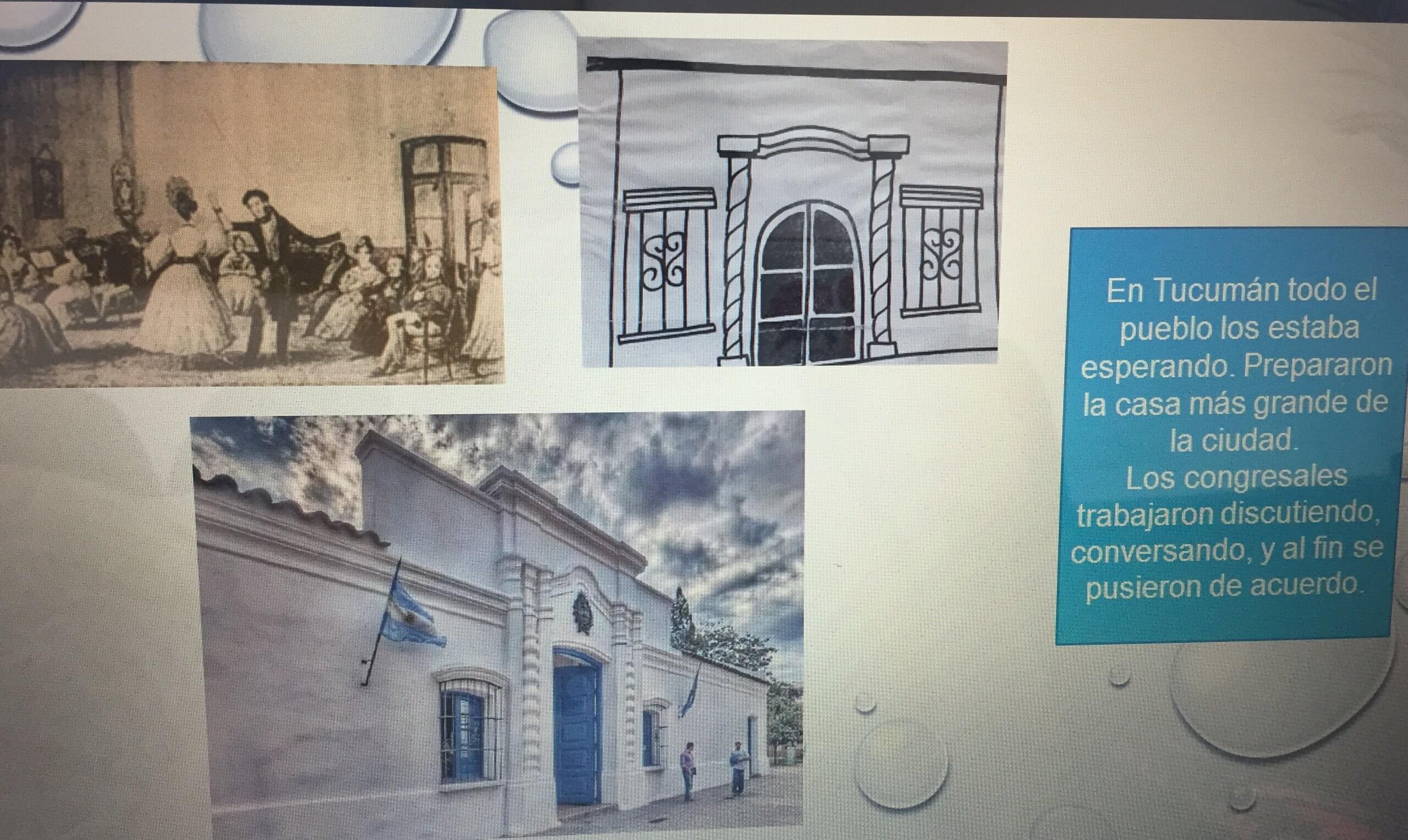 La imagen reúne una escena antigua con personas en un interior, un dibujo de la fachada de una casa y una foto actual de un edificio blanco con puerta azul y una bandera argentina.