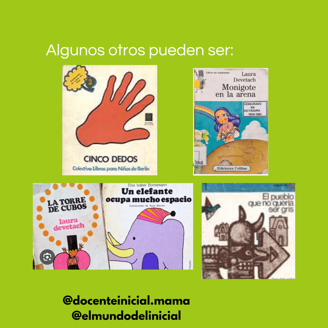 Cinco libros de la selección sobre memoria y literatura Placa verde con cinco portadas: Cinco dedos, Monigote en la arena, La torre de cubos, Un elefante ocupa mucho espacio y El pueblo que no quería ser gris.
