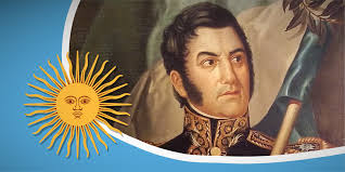 Composición con un retrato de José de San Martín y un sol amarillo con rostro en el lado izquierdo sobre un fondo celeste.