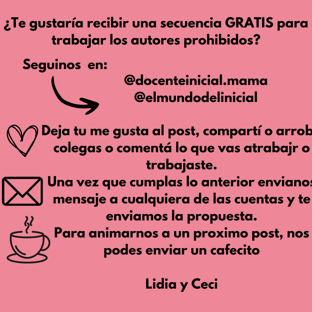 Mensaje de invitación a pedir una secuencia gratis Placa rosa con texto negro que invita a seguir dos cuentas, dar me gusta, compartir o comentar, y enviar un mensaje para recibir una secuencia gratis sobre autores prohibidos.